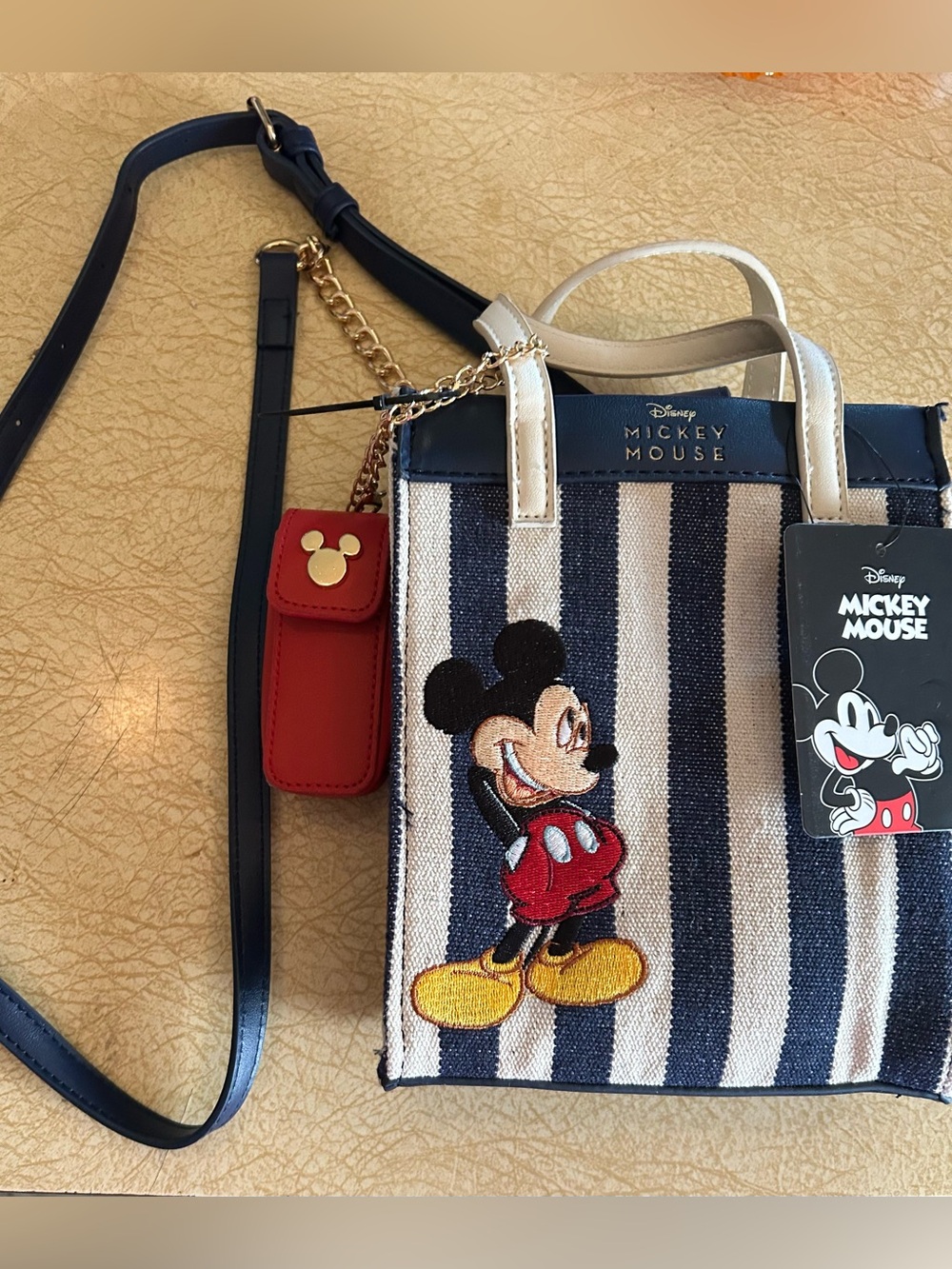 Disney Mickie Mouse Striped Mini Tote Bag with Lipstick Pouch